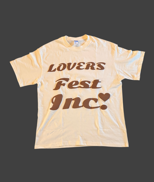 Lovers Fest Heavyweight T-Shirt - Cream Short Sleeve Top with Brown Puff Print Logo